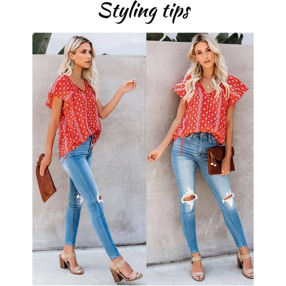 Women's Boho Floral V-Neck Short Sleeve Summer Blouse XL - Picture 5 of 6